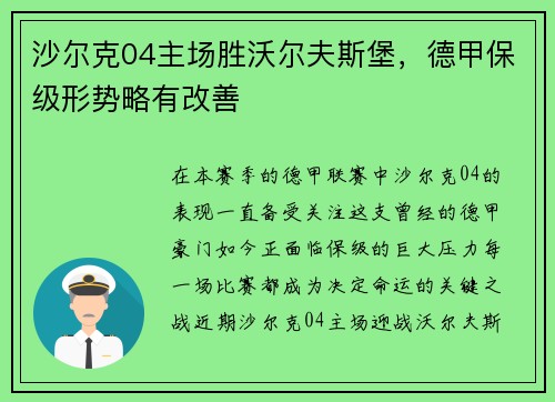 沙尔克04主场胜沃尔夫斯堡，德甲保级形势略有改善