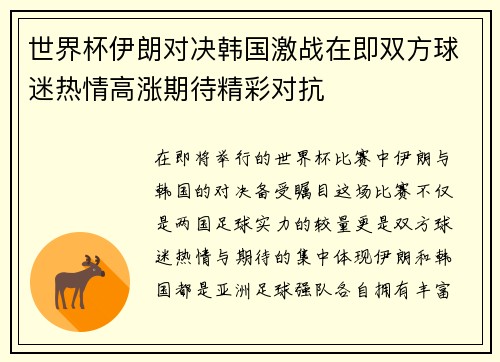 世界杯伊朗对决韩国激战在即双方球迷热情高涨期待精彩对抗